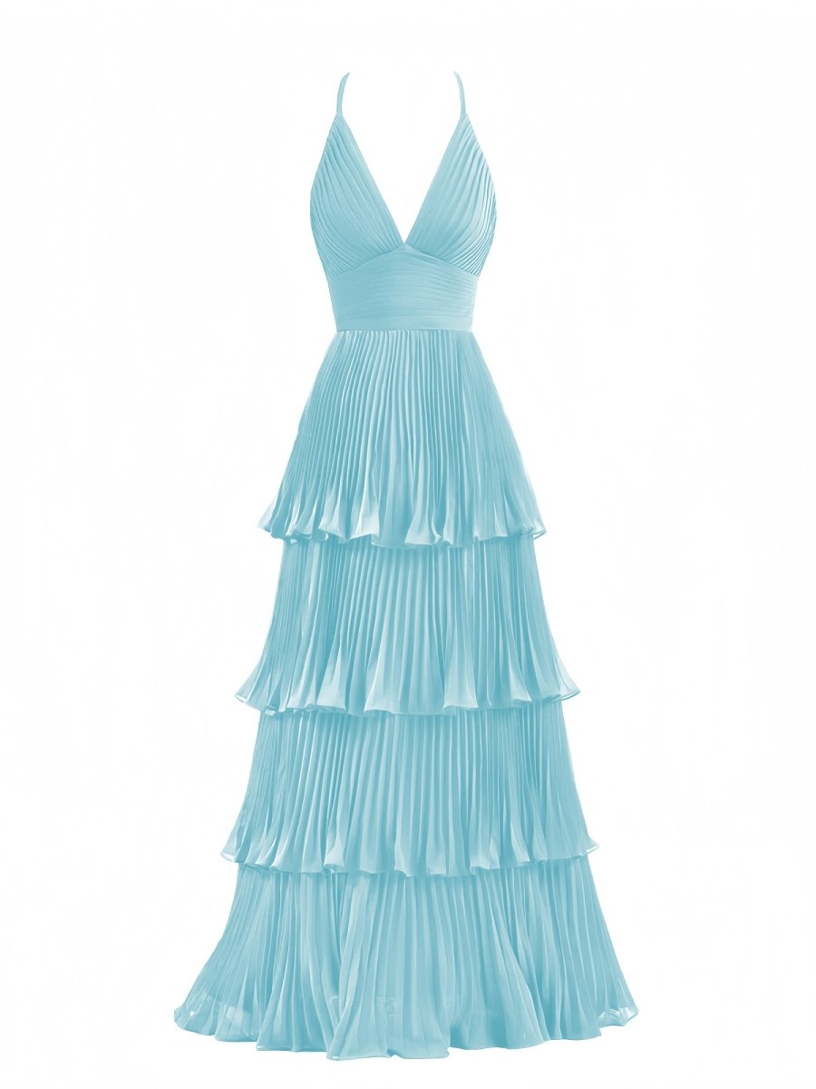 Dark Green A - Line Tiered Floor Length Chiffon Bridesmaid Dress - KissProm