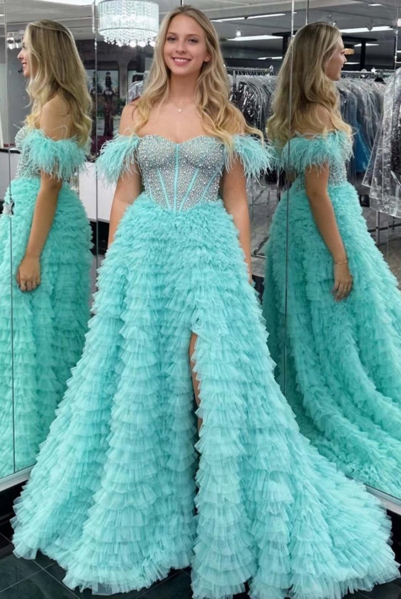 Astrid |A Line Off the Shoulder Tiered Tulle Prom Dress With Slit