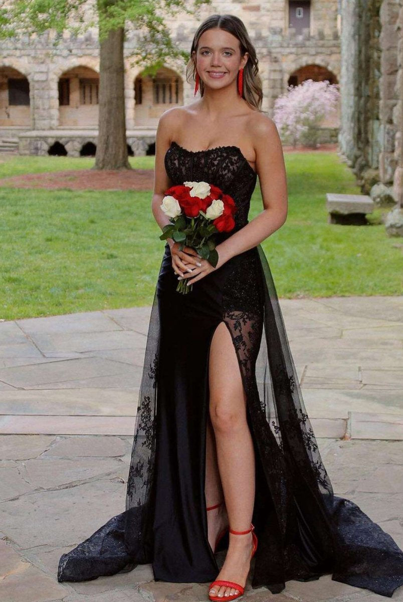 Arabelle | Mermaid Strapless Black Appliques Long Prom Dress with Slit - KissProm