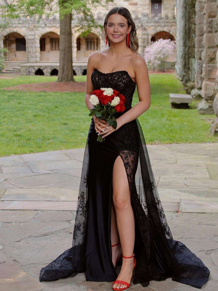 Arabelle | Mermaid Strapless Black Appliques Long Prom Dress with Slit - KissProm
