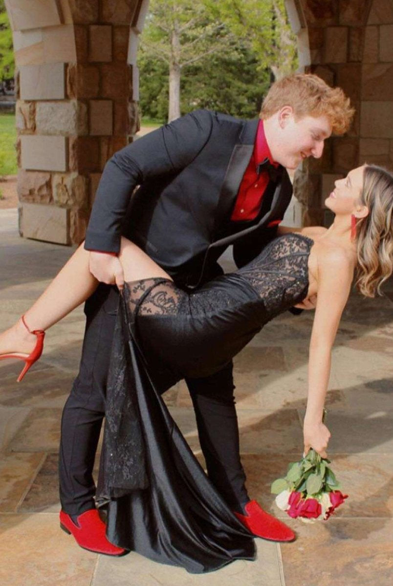 Arabelle | Mermaid Strapless Black Appliques Long Prom Dress with Slit - KissProm