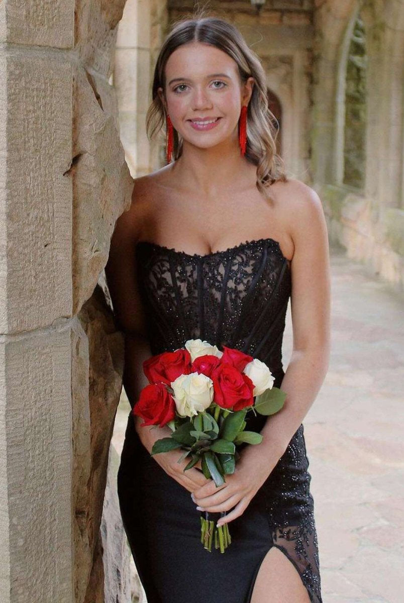 Arabelle | Mermaid Strapless Black Appliques Long Prom Dress with Slit - KissProm