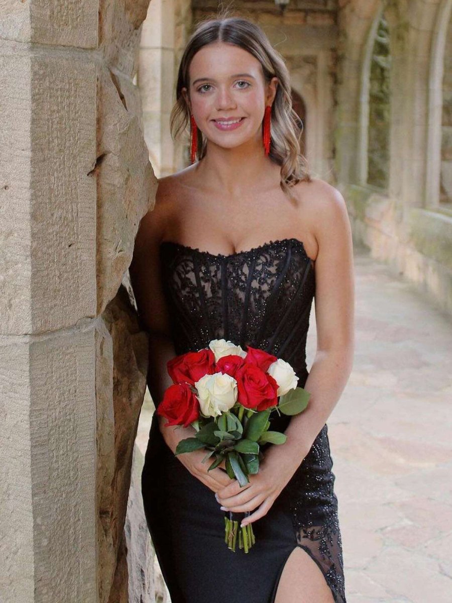 Arabelle | Mermaid Strapless Black Appliques Long Prom Dress with Slit - KissProm