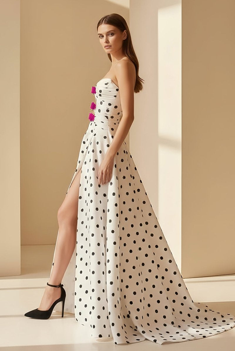 Aramie | Black - White Strapless A Line Polka Dots Satin Long Formal Prom Dresses With Bow - KissProm