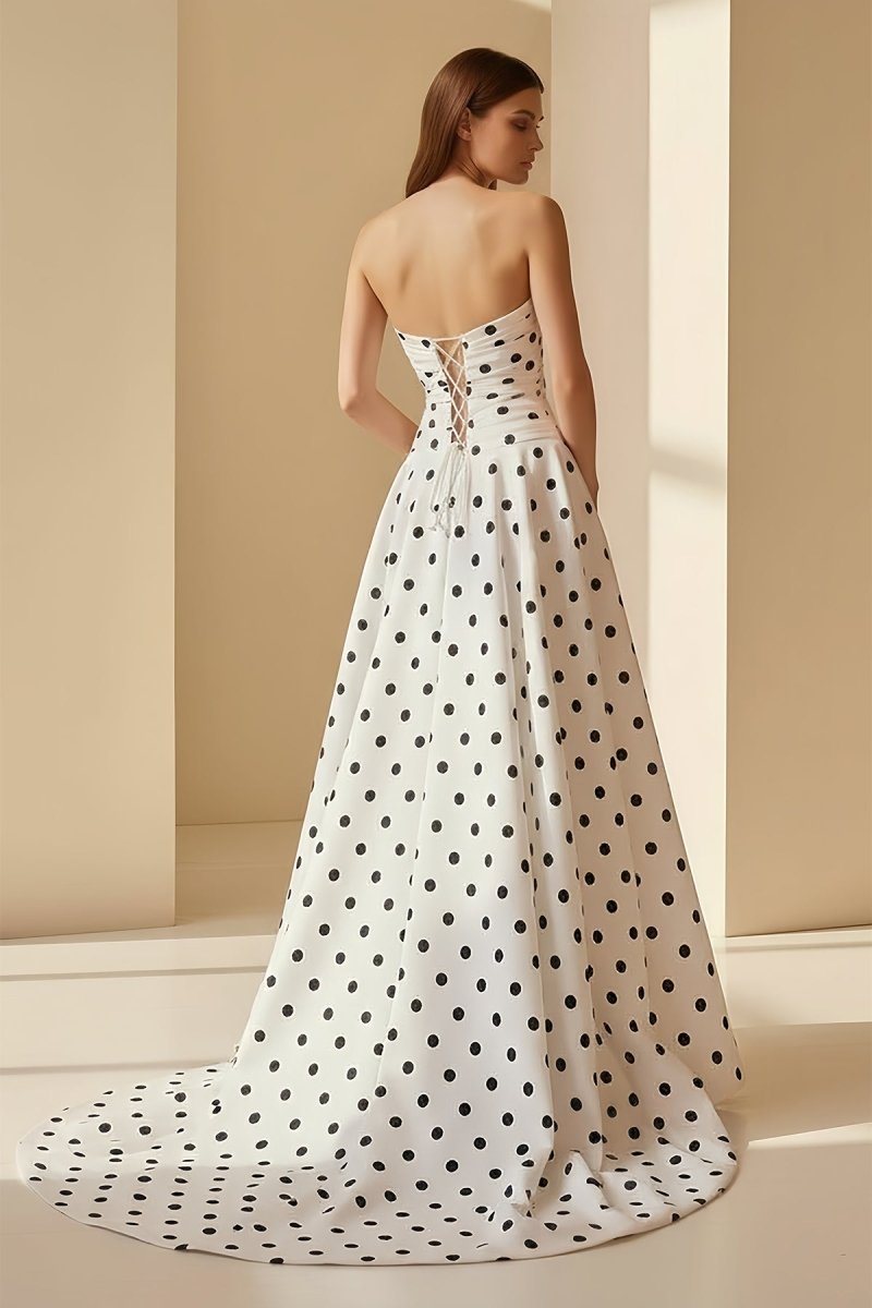 Aramie | Black - White Strapless A Line Polka Dots Satin Long Formal Prom Dresses With Bow - KissProm