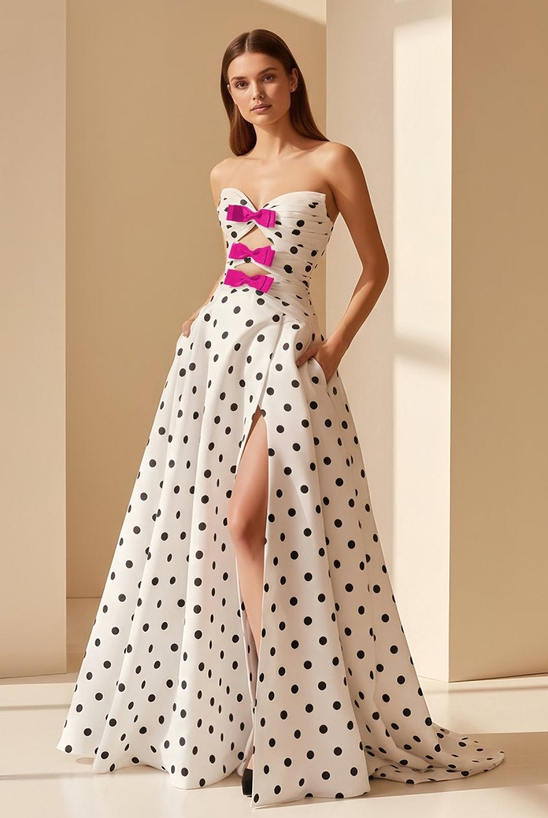 Aramie | Black - White Strapless A Line Polka Dots Satin Long Formal Prom Dresses With Bow - KissProm