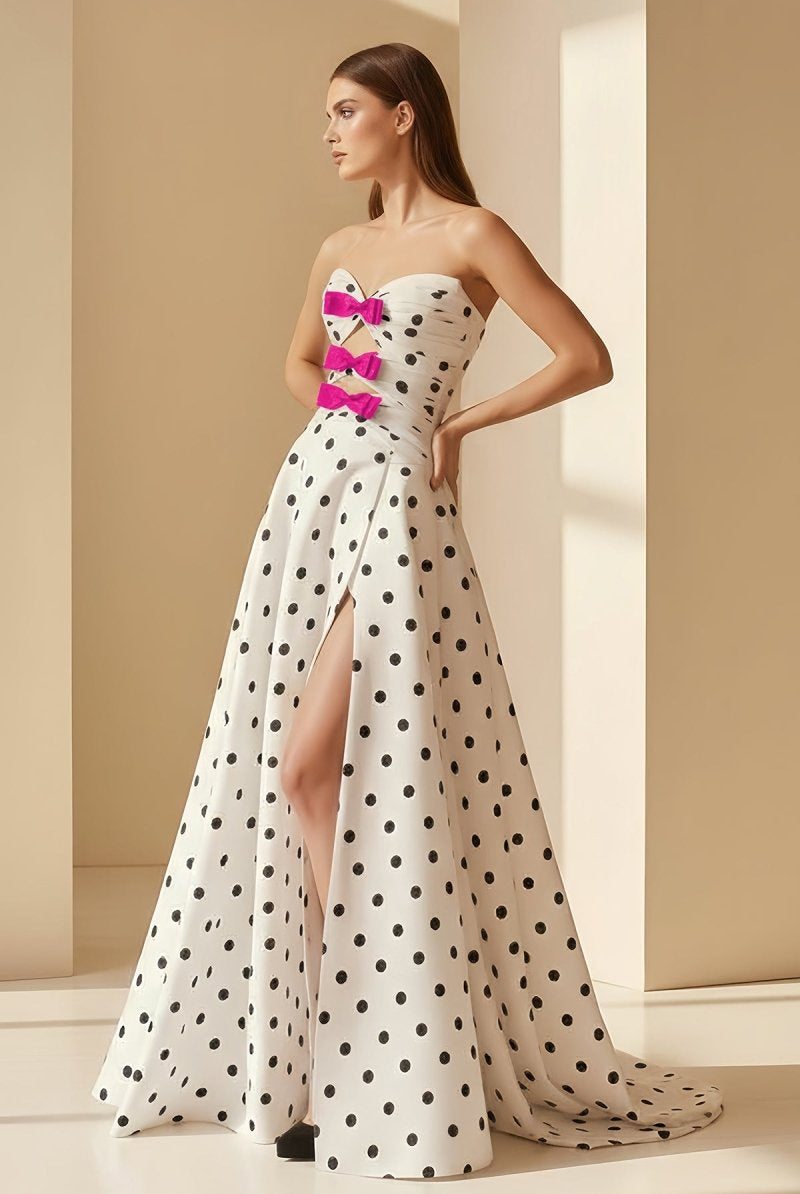 Aramie | Black - White Strapless A Line Polka Dots Satin Long Formal Prom Dresses With Bow - KissProm