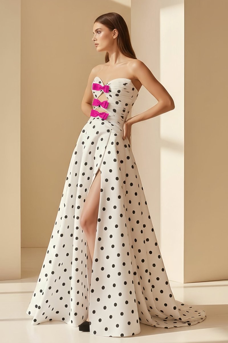 Aramie | Black - White Strapless A Line Polka Dots Satin Long Formal Prom Dresses With Bow - KissProm