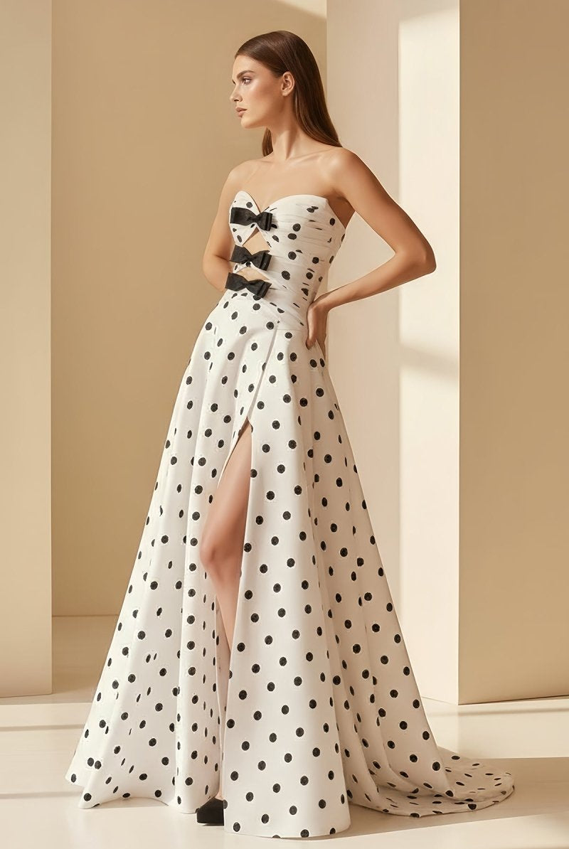 Aramie | White - Strapless A Line Polka Dots Satin Long Formal Prom Dresses With Bow - KissProm