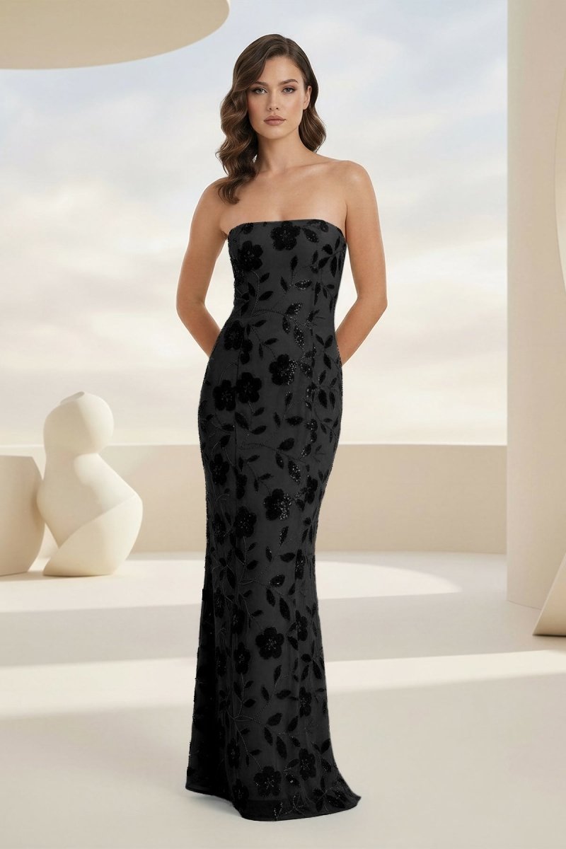 Aravelle | Black - Strapless Sheath Floral Sequins Long Formal Prom Dresses-KissProm