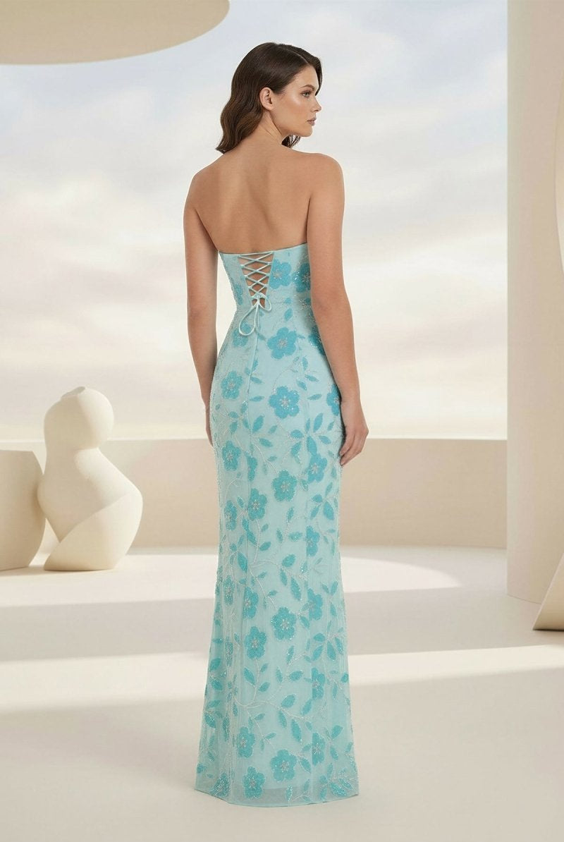 Aravelle | Blue - Strapless Sheath Floral Sequins Long Formal Prom Dresses - KissProm