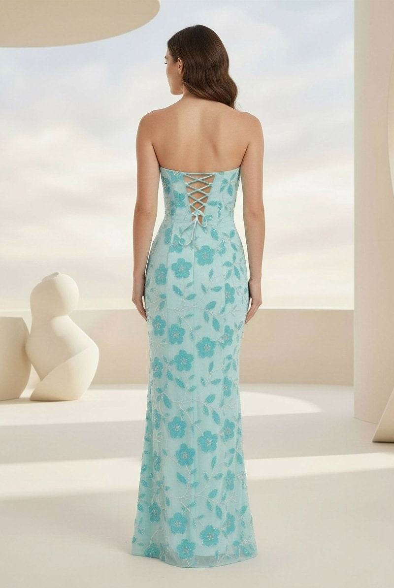 Aravelle | Blue - Strapless Sheath Floral Sequins Long Formal Prom Dresses - KissProm