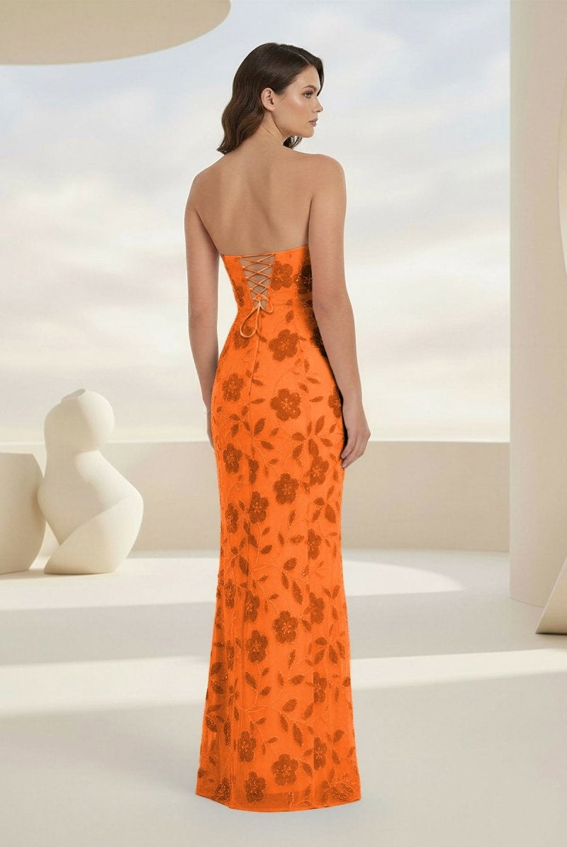 Aravelle | Blue - Strapless Sheath Floral Sequins Long Formal Prom Dresses - KissProm