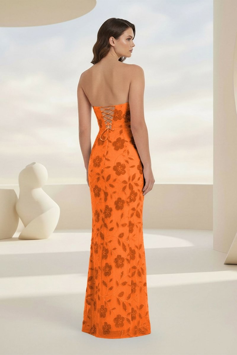 Aravelle | Blue - Strapless Sheath Floral Sequins Long Formal Prom Dresses - KissProm