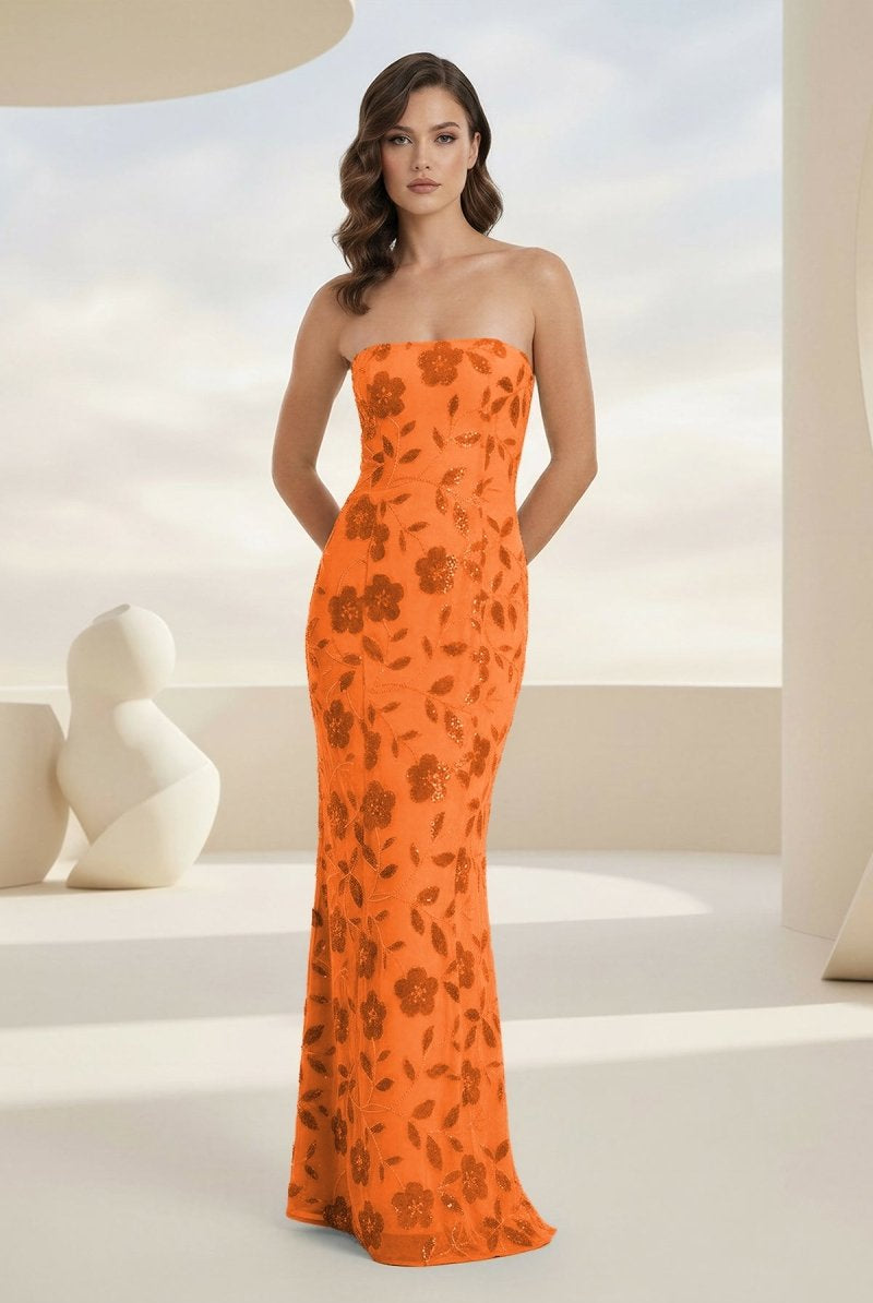 Aravelle | Orange - Strapless Sheath Floral Sequins Long Formal Prom Dresses-KissProm