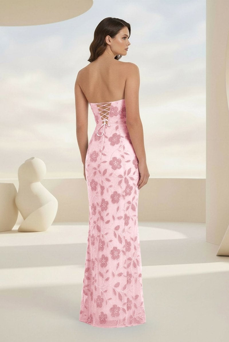 Aravelle | Blue - Strapless Sheath Floral Sequins Long Formal Prom Dresses - KissProm