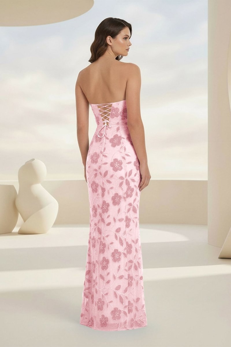 Aravelle | Blue - Strapless Sheath Floral Sequins Long Formal Prom Dresses - KissProm