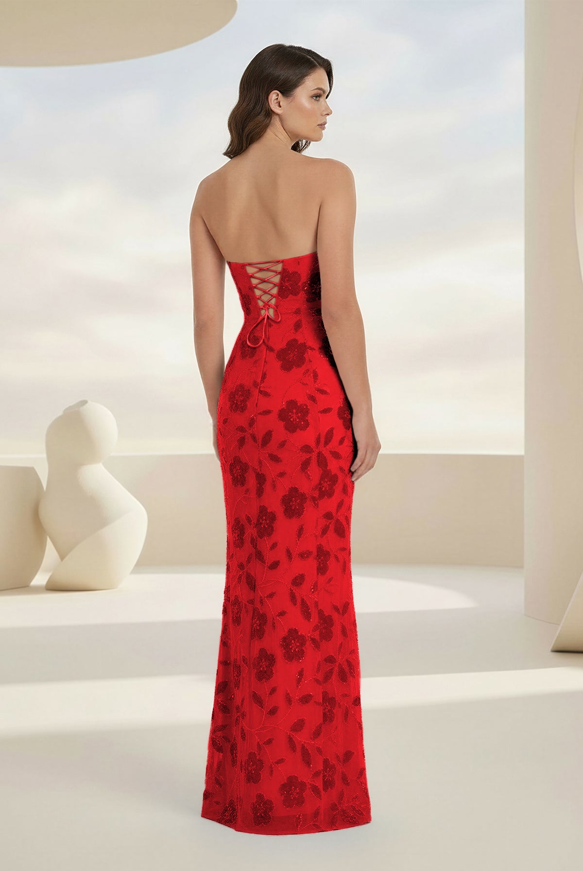 Aravelle | Red - Strapless Sheath Floral Sequins Long Formal Prom Dresses-KissProm