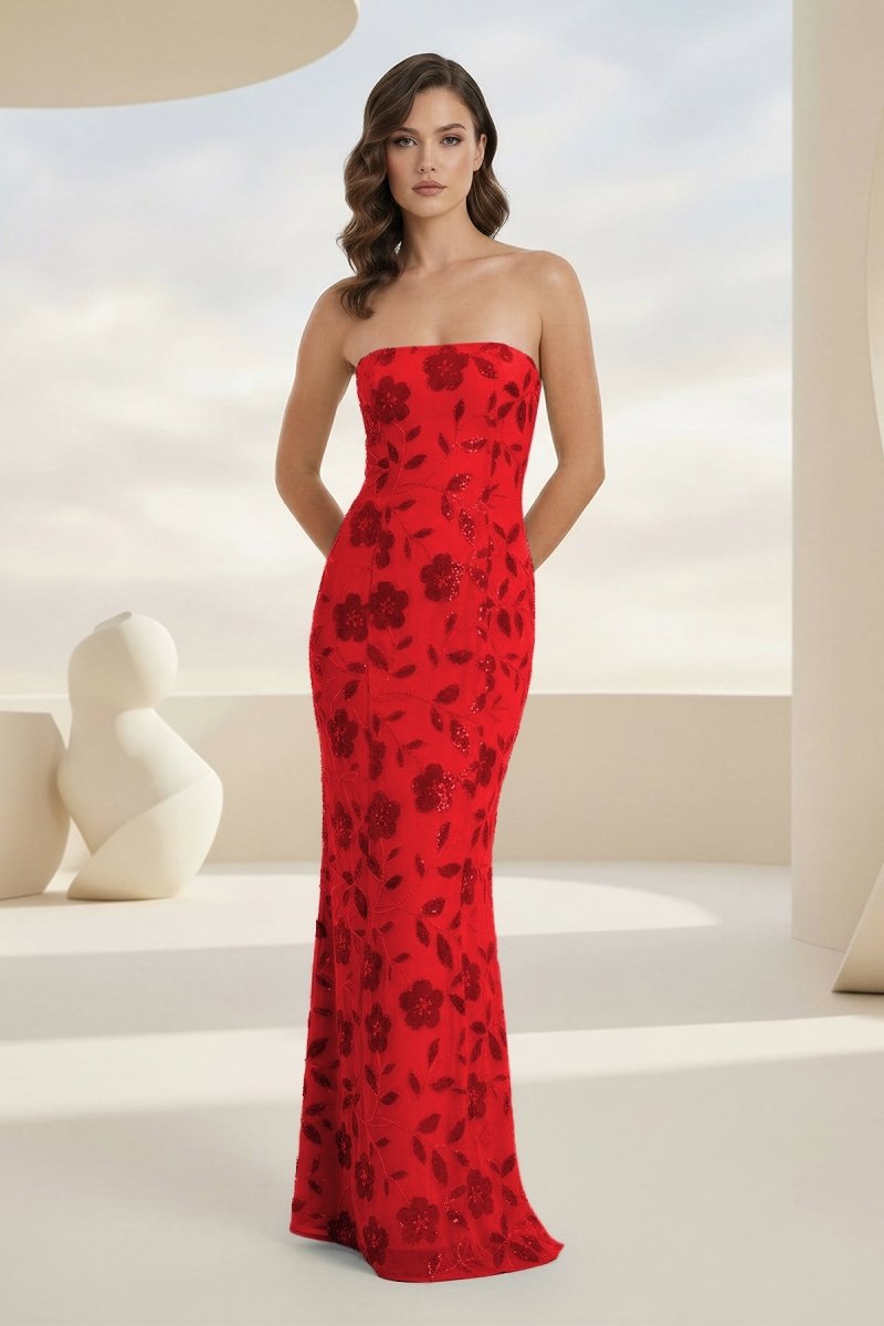 Aravelle | Red - Strapless Sheath Floral Sequins Long Formal Prom Dresses-KissProm