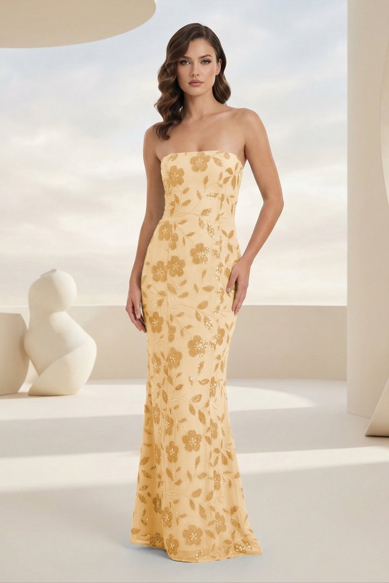 Aravelle | Yellow - Strapless Sheath Floral Sequins Long Formal Prom Dresses-KissProm