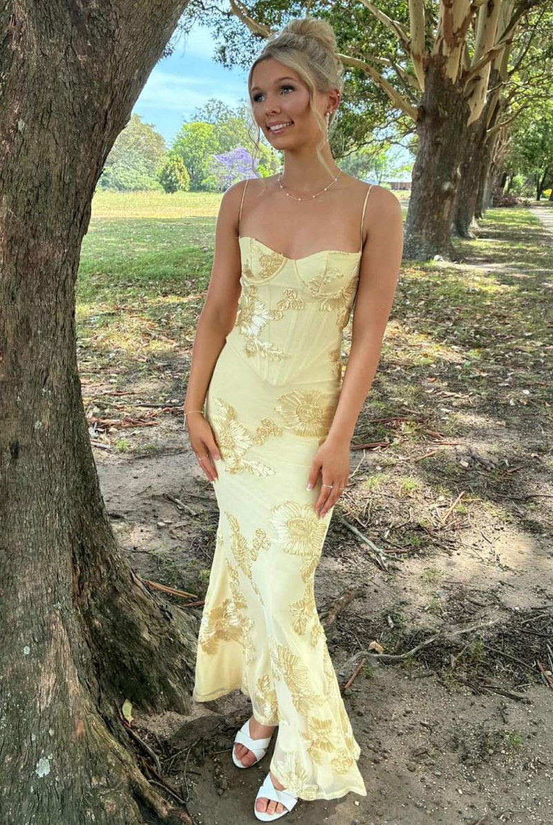 Aravyn | Yellow - Spaghetti Straps Sheath Long Prom Dresses With Floral Embroidery - KissProm