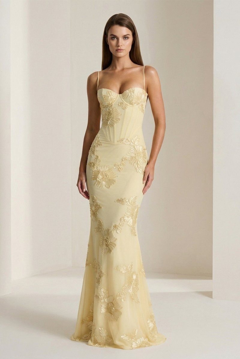 Aravyn | Yellow - Spaghetti Straps Sheath Long Prom Dresses With Floral Embroidery - KissProm