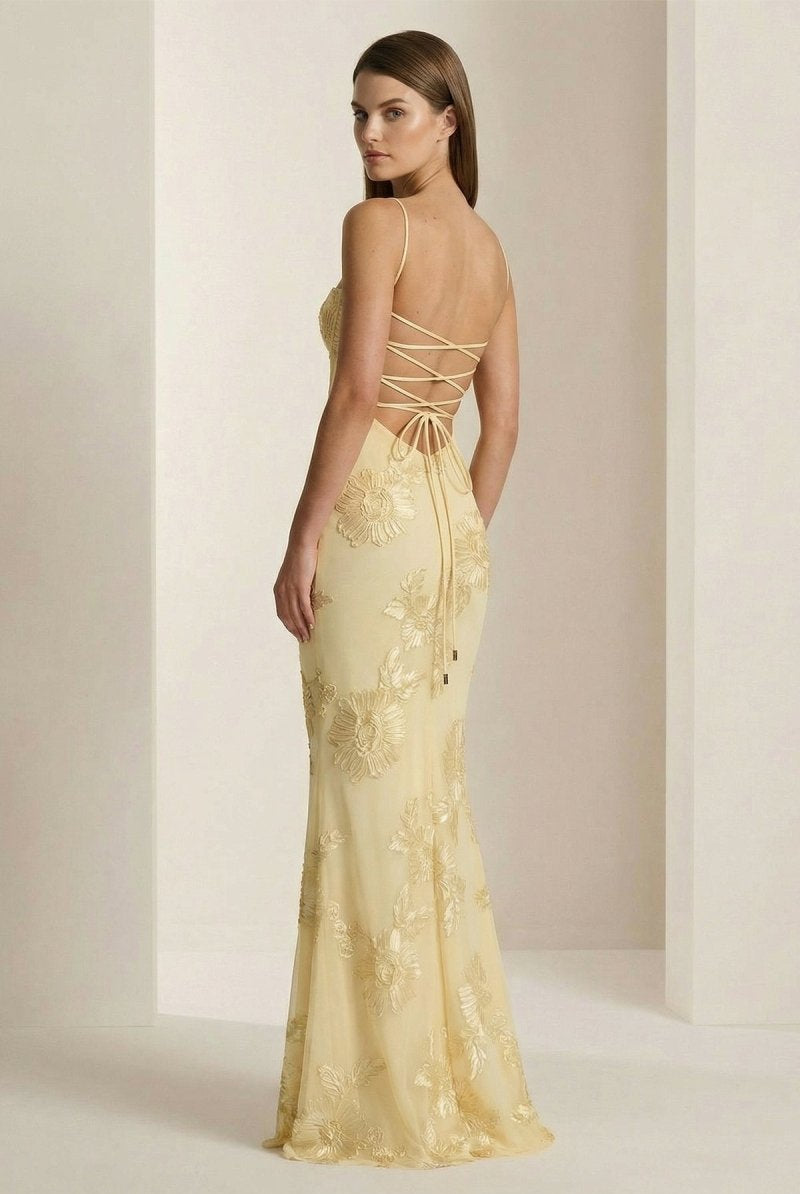 Aravyn | Yellow - Spaghetti Straps Sheath Long Prom Dresses With Floral Embroidery - KissProm