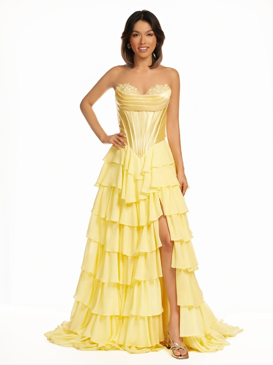 Ardea | Strapless A-Line Ruffle Long Prom Dress With Split