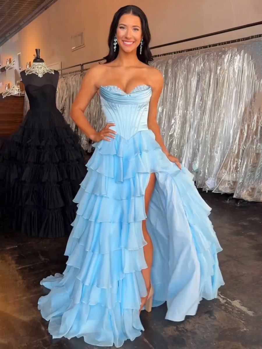 Ardea | Strapless A-Line Ruffle Long Prom Dress With Split