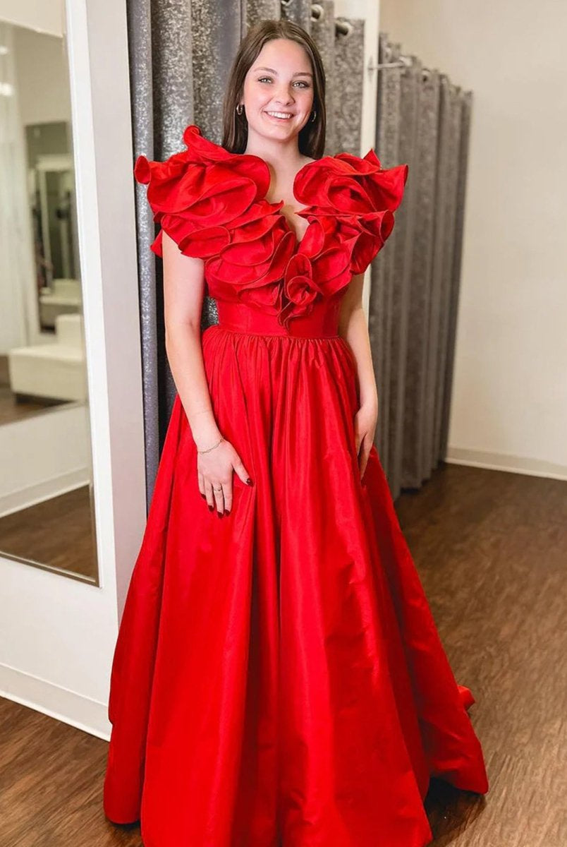 Arden | Red Ruffle V Neck Satin A - Line Long Prom Dresses - KissProm