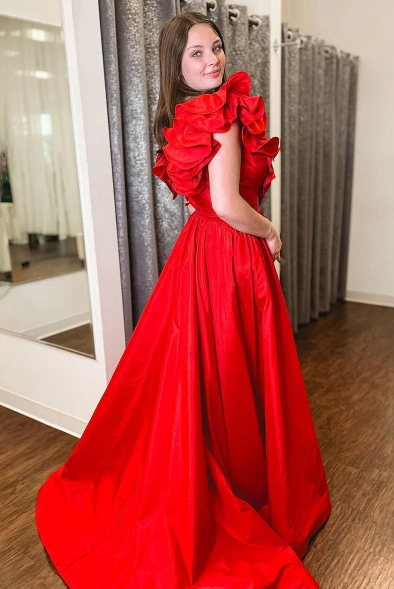 Arden | Red Ruffle V Neck Satin A - Line Long Prom Dresses - KissProm