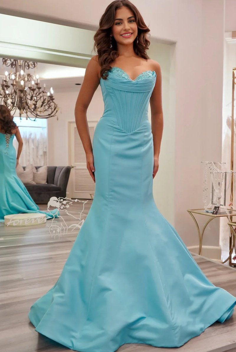 Arisse | Blue - Sweetheart Mermaid Pleated Long Formal Prom Dresses With Appliques - KissProm