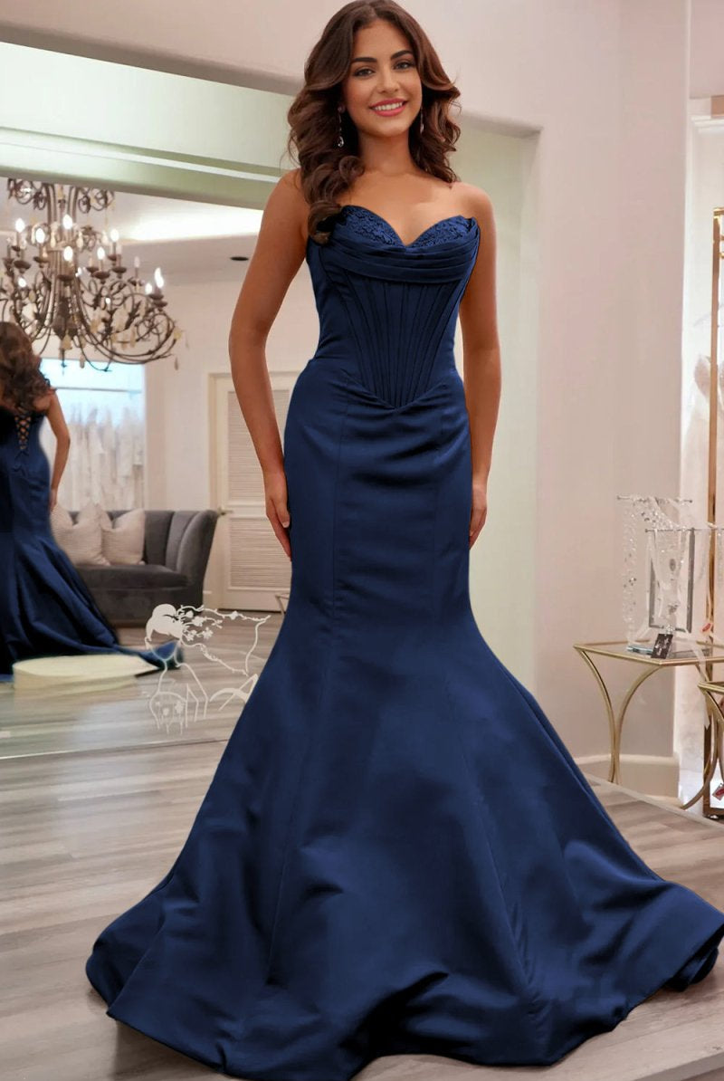 Arisse | Blue - Sweetheart Mermaid Pleated Long Formal Prom Dresses With Appliques - KissProm