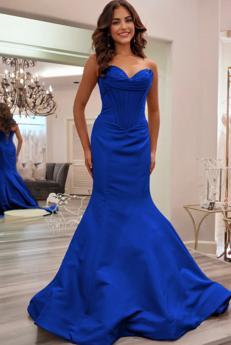 Arisse | Blue - Sweetheart Mermaid Pleated Long Formal Prom Dresses With Appliques - KissProm