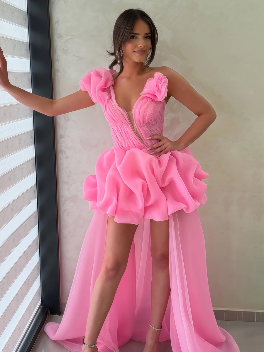Ariwen | Hot Pink - One Shoulder Organza High Low Homecoming Dress With Ruffles