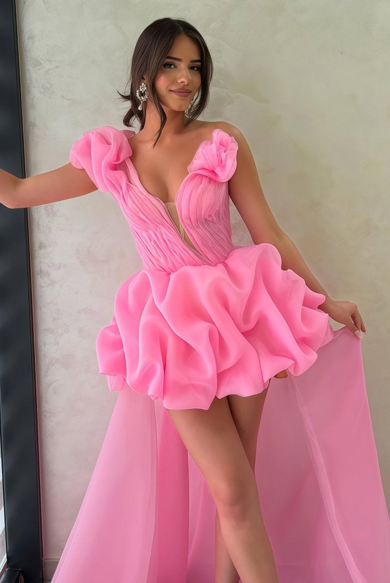 Ariwen | Hot Pink - One Shoulder Organza High Low Homecoming Dress With Ruffles