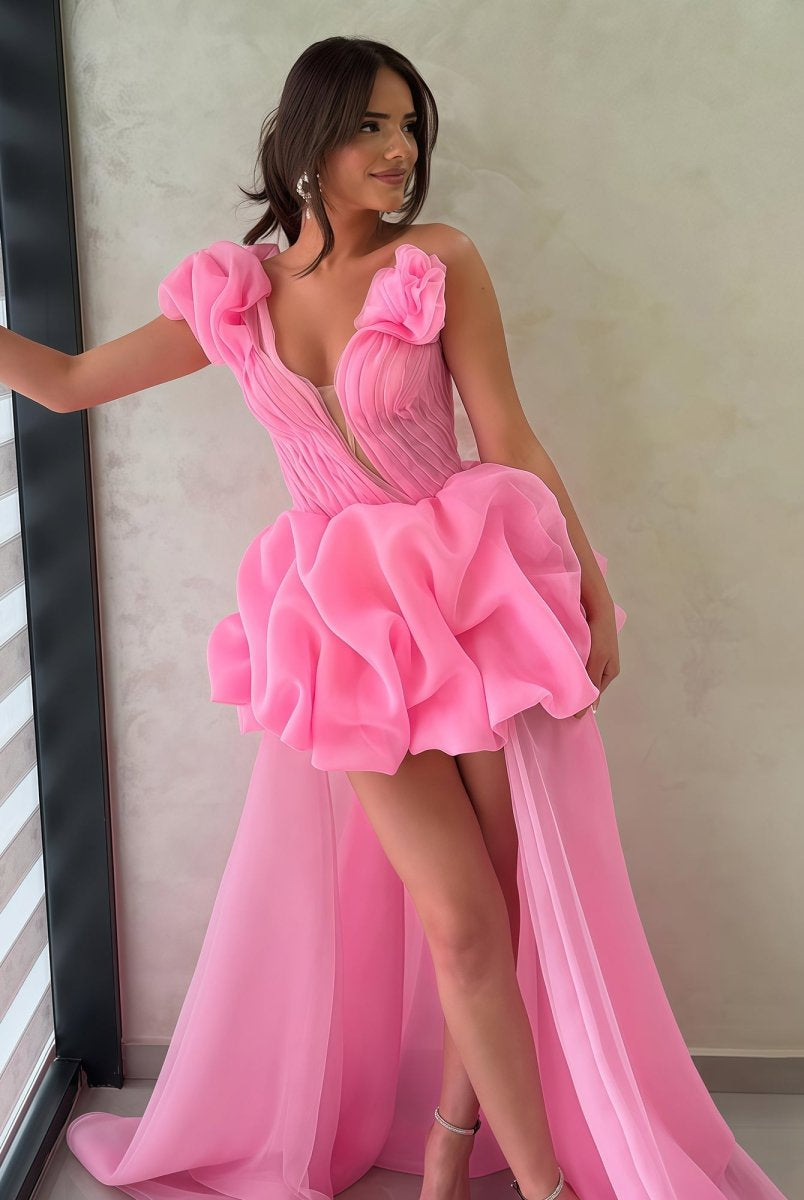 Ariwen | Hot Pink - One Shoulder Organza High Low Homecoming Dress With Ruffles