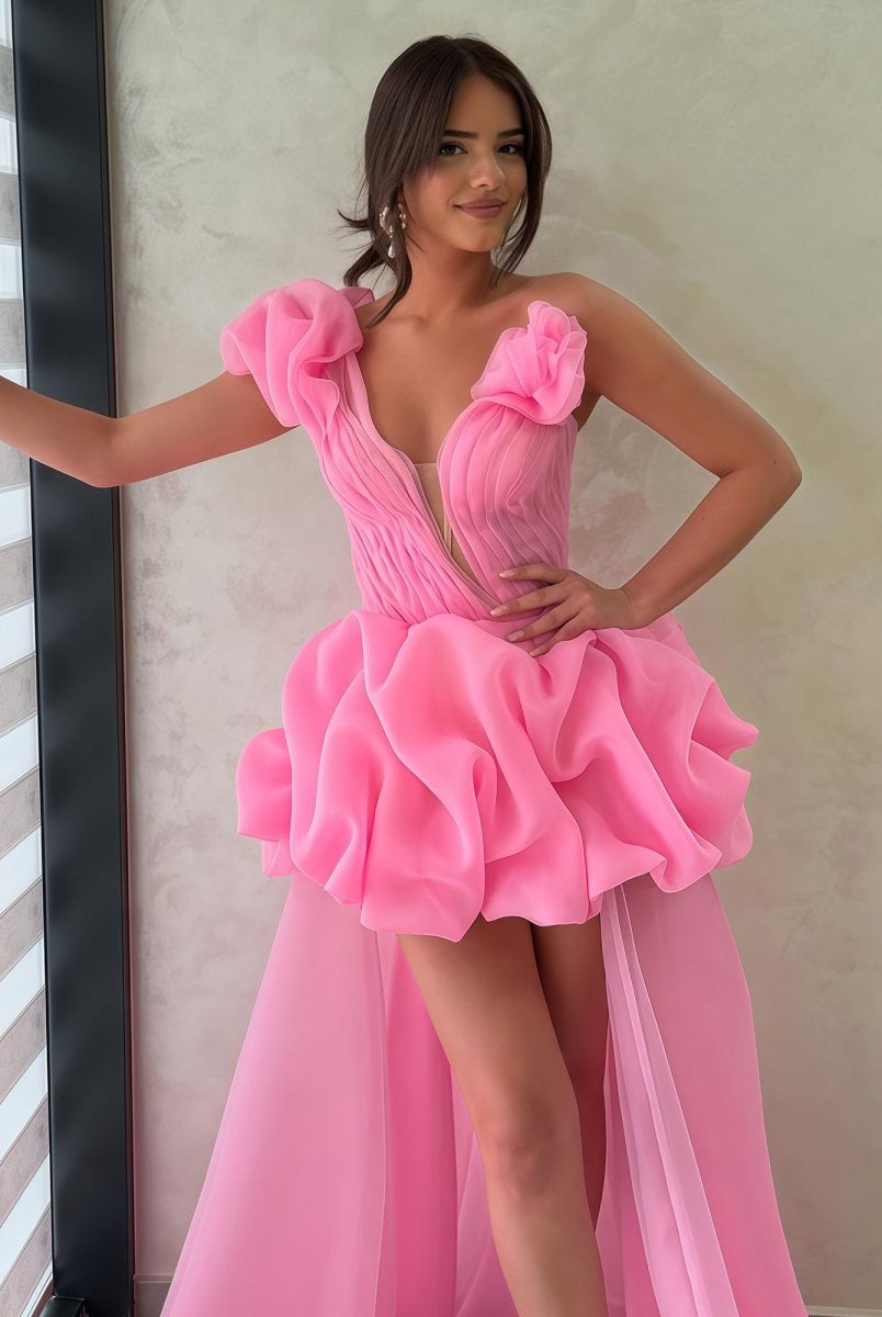 Ariwen | Hot Pink - One Shoulder Organza High Low Homecoming Dress With Ruffles