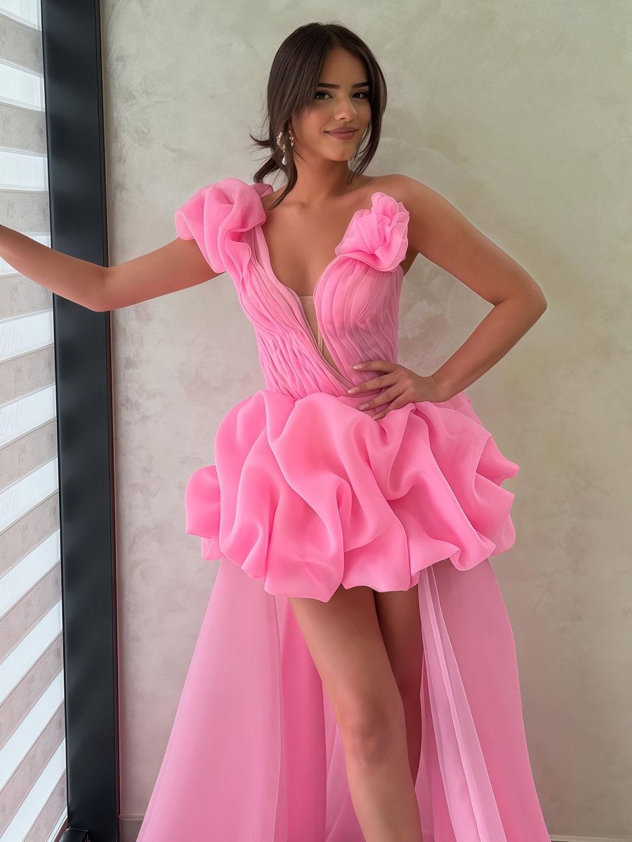 Hot Pink - One Shoulder Organza High Low Homecoming Dress With Ruffles Hot Pink - One Shoulder Organza High Low Homecoming Dress With Ruffles