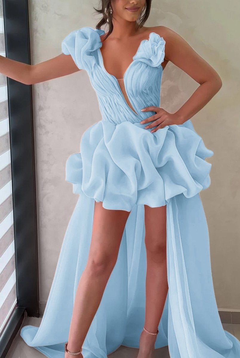 Ariwen | Hot Pink - One Shoulder Organza High Low Homecoming Dress With Ruffles