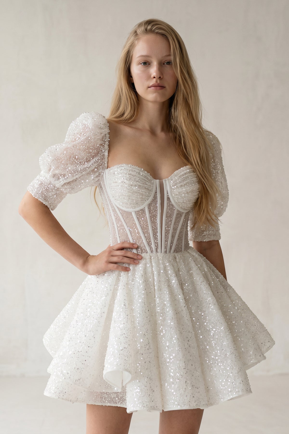Sweetheart White Sequin Short Homecoming Dress With Puff Sleeves White / 16