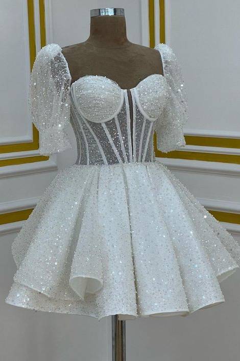 Sweetheart White Sequin Short Homecoming Dress With Puff Sleeves White / 16 Sweetheart White Sequin Short Homecoming Dress With Puff Sleeves White / 16