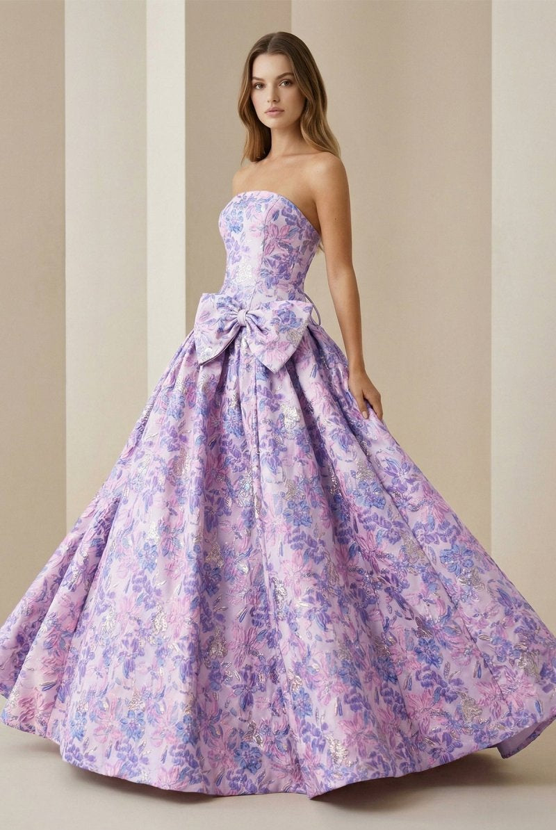Armina | Lilac - Strapless Floral Printed A Line Long Formal Prom Dresses With Bow - KissProm