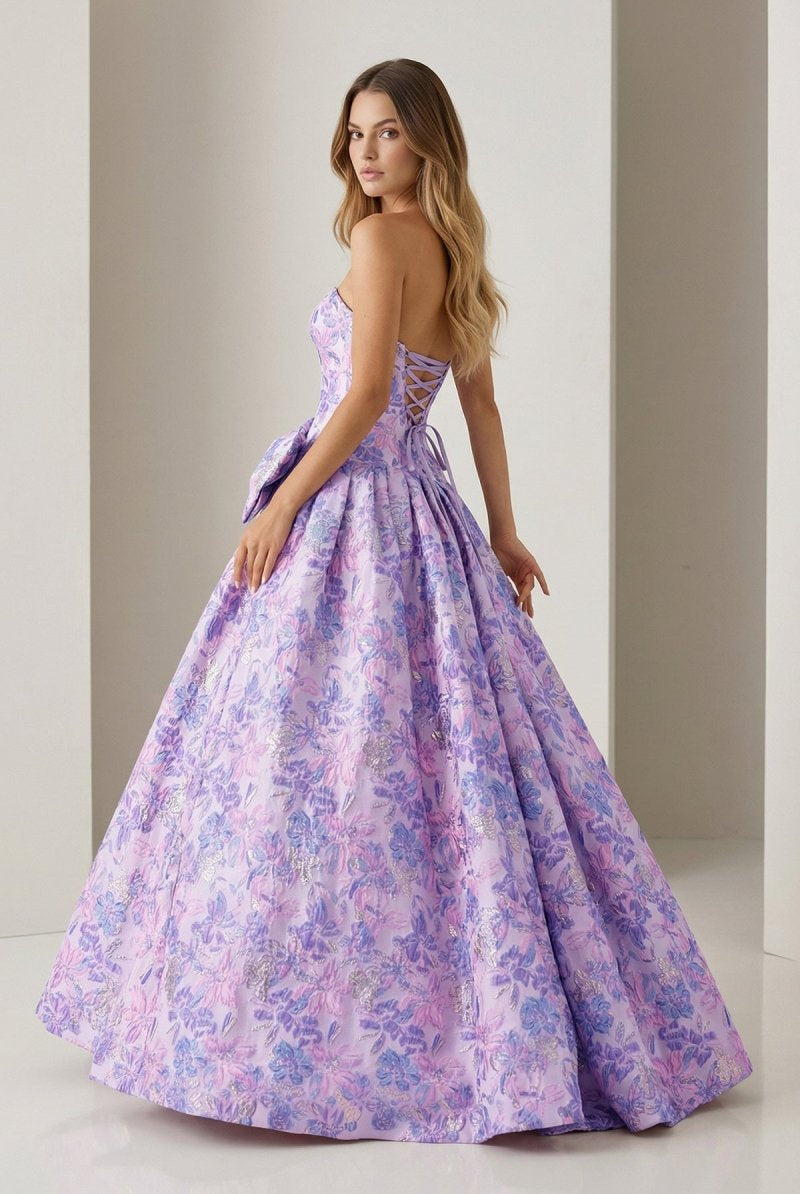 Armina | Lilac - Strapless Floral Printed A Line Long Formal Prom Dresses With Bow - KissProm