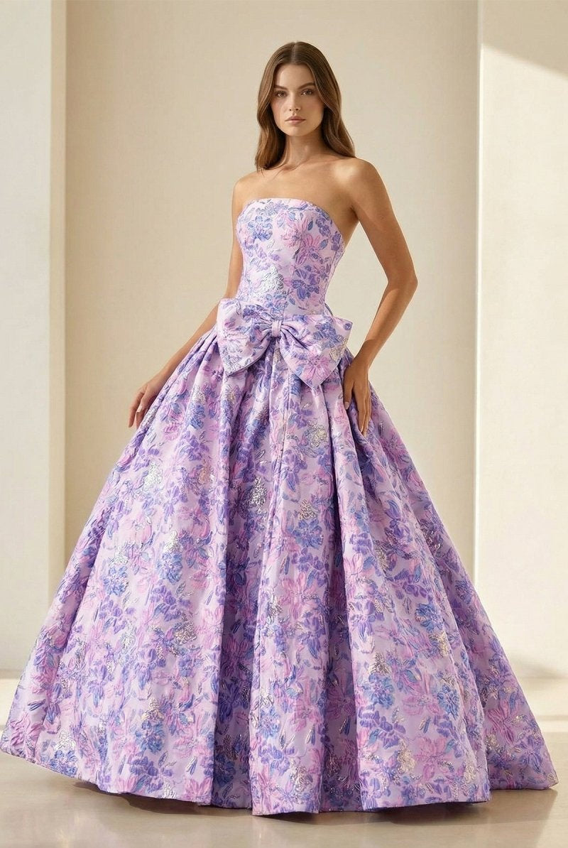 Armina | Lilac - Strapless Floral Printed A Line Long Formal Prom Dresses With Bow - KissProm
