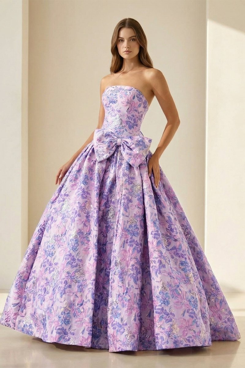 Armina | Lilac - Strapless Floral Printed A Line Long Formal Prom Dresses With Bow - KissProm