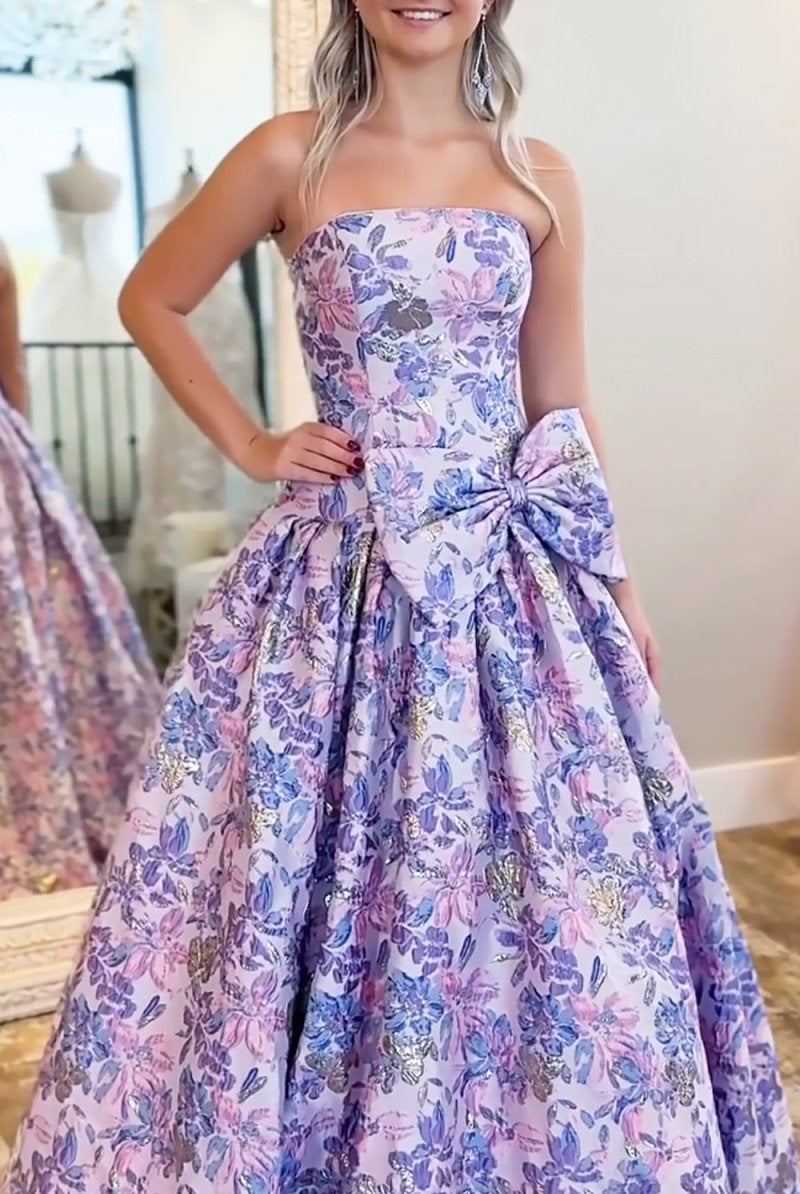 Armina | Lilac - Strapless Floral Printed A Line Long Formal Prom Dresses With Bow - KissProm