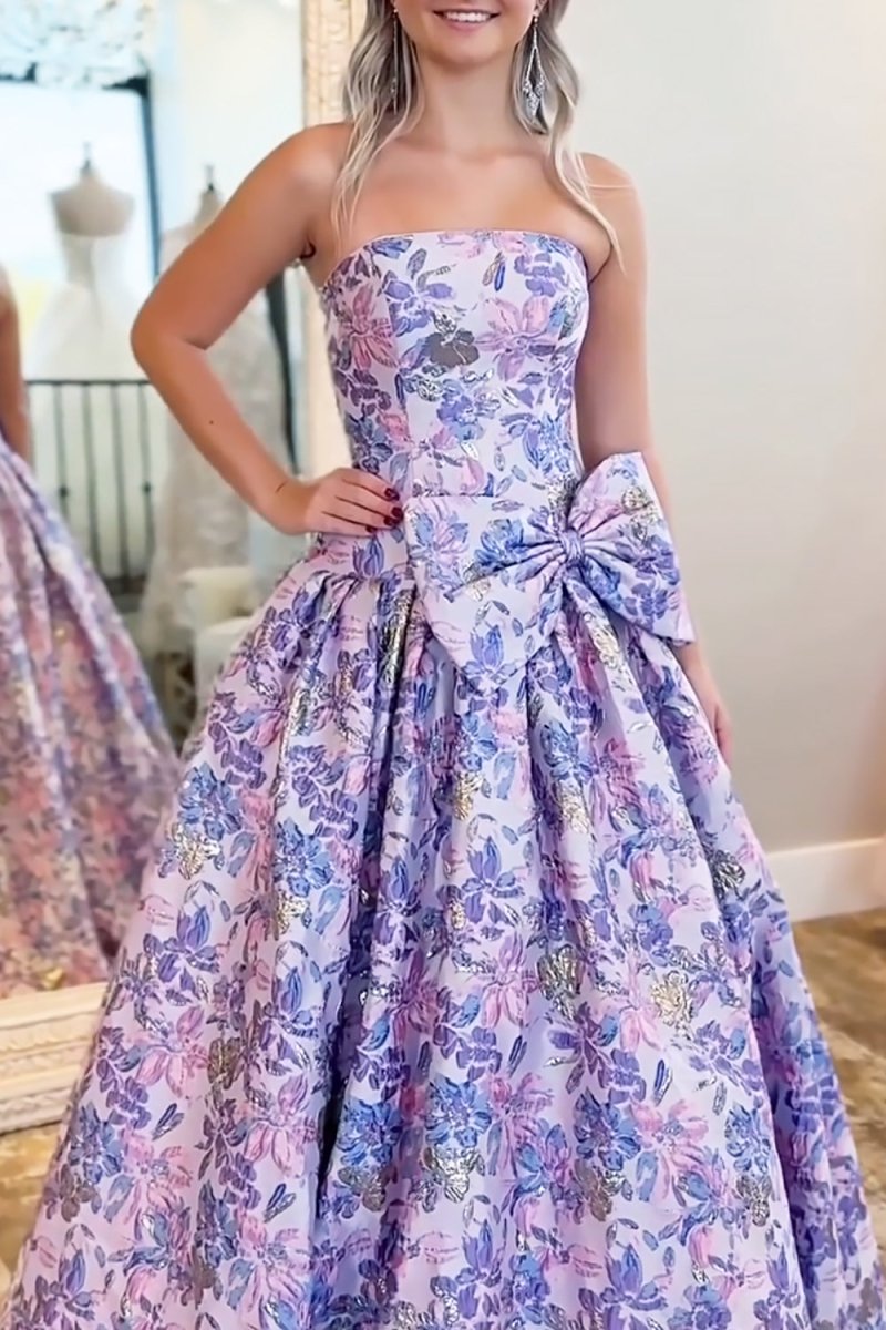 Armina | Lilac - Strapless Floral Printed A Line Long Formal Prom Dresses With Bow - KissProm