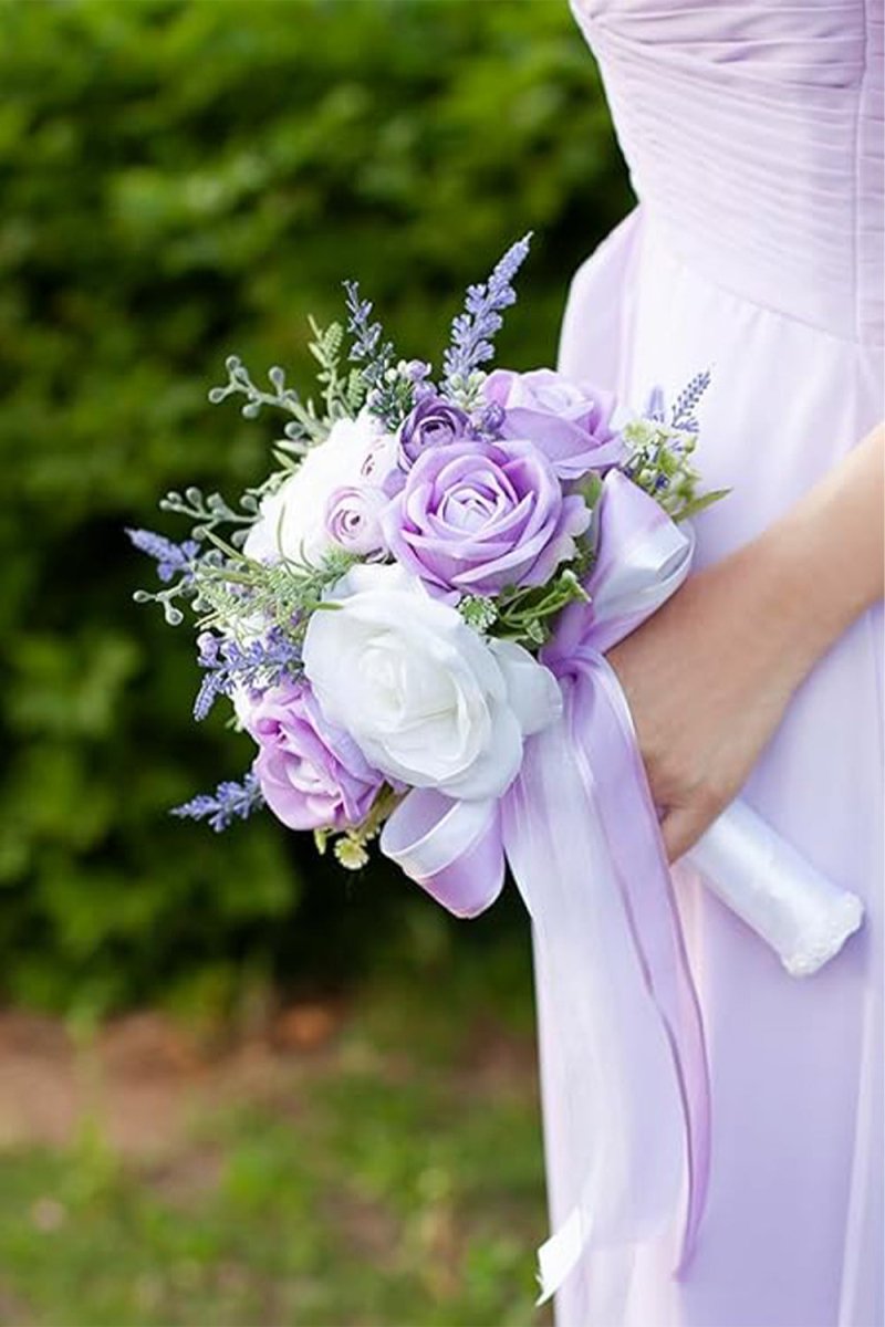 Artificial Lilac Rose Flower Cascade Wedding Flower Bouquets - KissProm