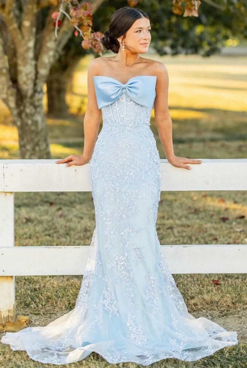 Arvin | Strapless Mermaid Lace Appliques Long Prom Dress with Bow